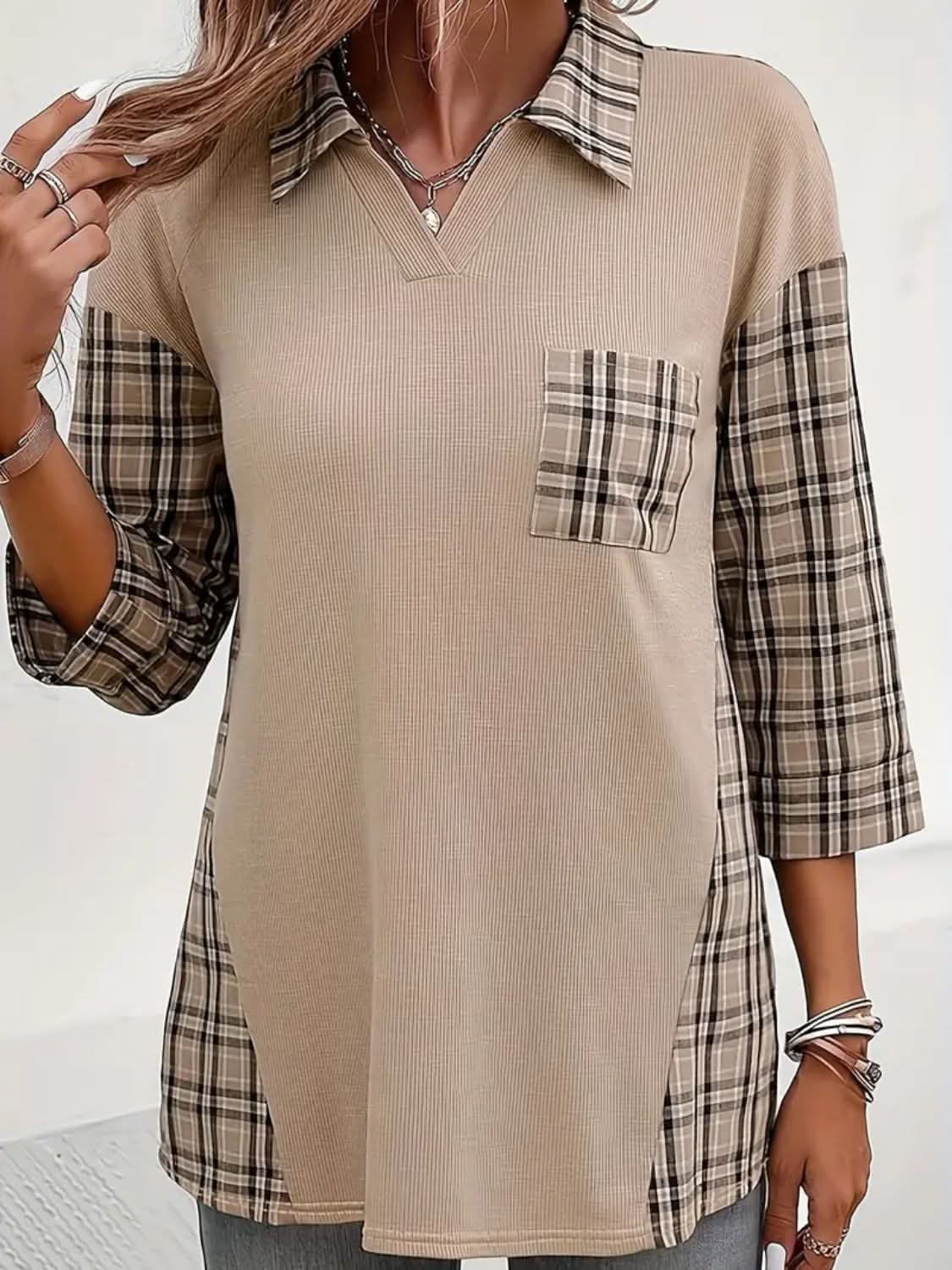 Plaid Johhny Collar Three-Quarter Sleeve T-Shirt - Love Salve